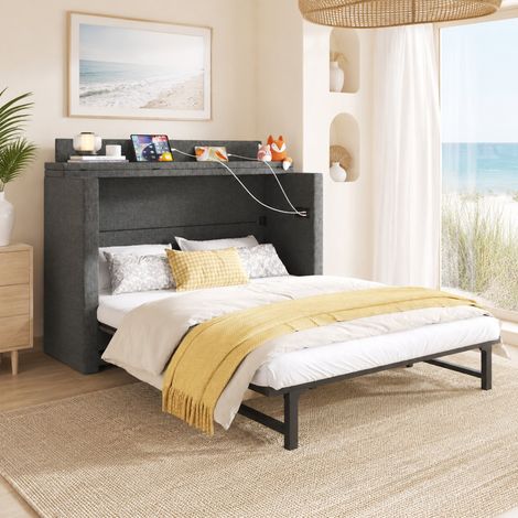 Letto a scomparsa 140x200 cm, con cassetto, porte USB e Type-C, in lino, grigio (1/5)