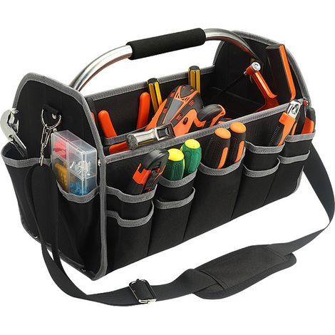 Borsa portautensili da elettricista, portatile, di grande capacità, multifunzionale, aperta con maniglia in acciaio per la lavorazione del legno (1/5)