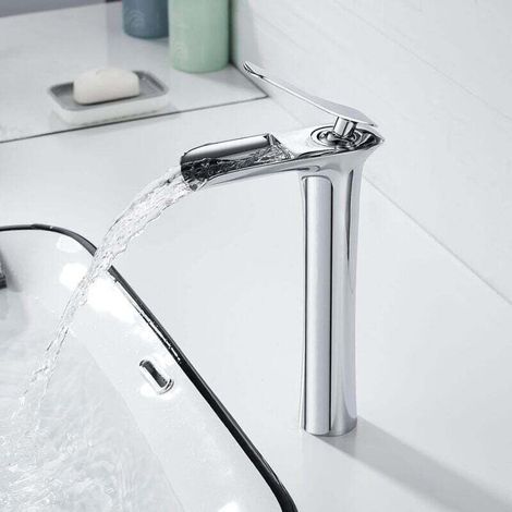 Modern Robinet Lavabo Cascade Haut, Robinet Mitigeur Lavabo Haut en Laiton, Robinet Salle Bain Cascade avec Bec Haut Hauteur 235mm, Robinet Cascade Eau Chaude et Froide Disponible, Chromé (1/4)