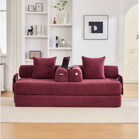 Sofá modular de terciopelo acanalado burdeos, 3 cojines, estructura metálica DESVIAE (1/5)