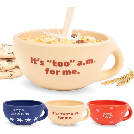 Bol petit-déjeuner original "It's Too A.M.". Tasse à café beige 490 ml. Grand bol céramique pour café, muesli ou chocolat chaud. 16,5 cm x 7,5 cm (1/5)