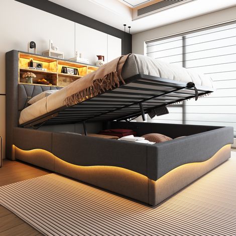 Cama tapizada 180x200 cm gris, estructura metálica con almacenaje hidráulico (1/4)