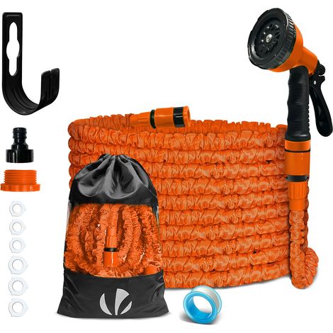 Vounot – Tuyau d'arrosage extensible 15m – 10 modes de pulvérisation – 2 connecteurs 1/2'’ et 3/4’’ – Sac de rangement inclus – Flexible et anti-fuite