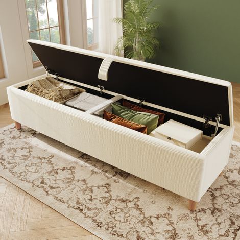 Panca da letto con contenitore 165 x 38 cm, in tessuto a coste beige DESVIAE (1/5)