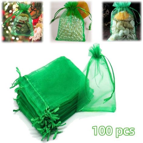 Sachets en organza lot de 100 - pochettes cadeaux 10 x 15 cm à cordon, vertes (1/4)