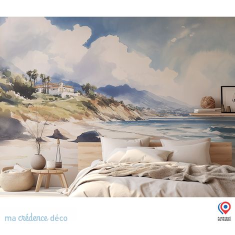 Papier peint : Plage, mer et Maroc, Aquarelle - Intissé - L.200 x H.280 cm - Bleu pastel (1/5)