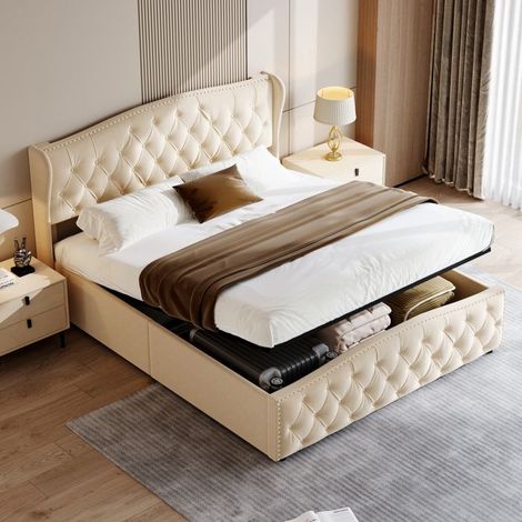 Bettkasten - TIMPFEE - 140x200 cm - Beige Velvet - Gestepptes Design - Hydraulische Aufbewahrung