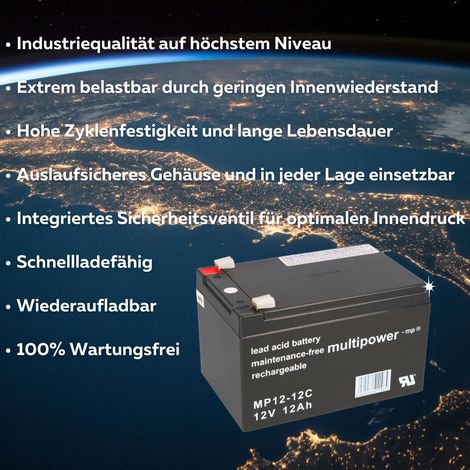 Multipower MP12-12C AGM Zyklenakku 12V 12Ah – F6,3 mm (1/5)