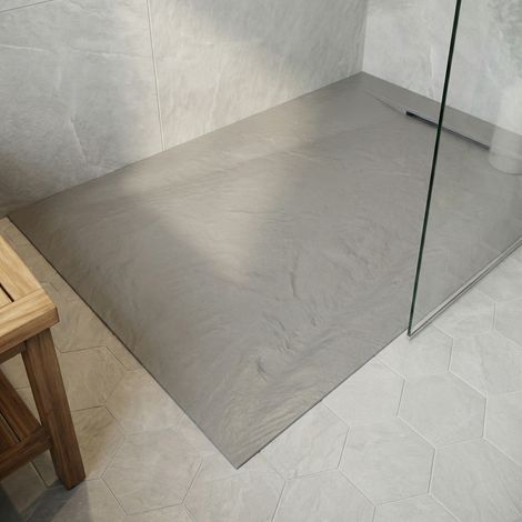 PixL 120x90 cm receveur de douche rectangulaire à poser en résine composite, surface effet pierre, gris clair (CERAPX12090LG)