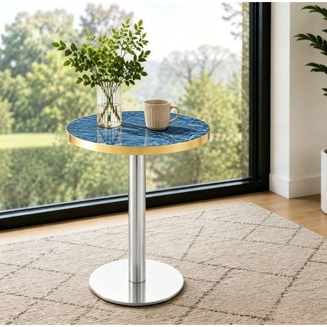 Table d'appoint ronde 60 cm en MDF bleu, effet marbre, gain de place pour salon FloraGrace (1/5)