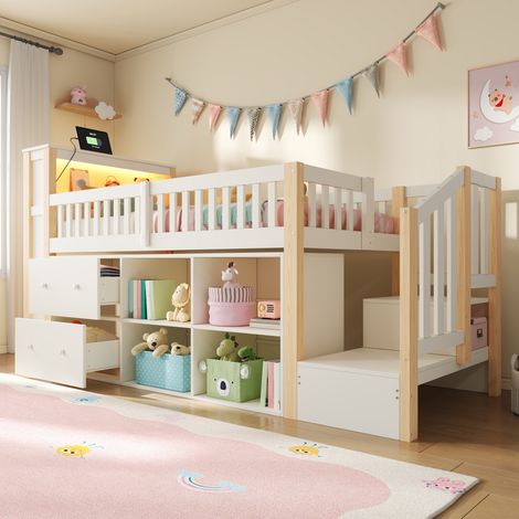 Lit mi-hauteur 90x200 cm avec tiroirs, niches de rangement, escalier-meuble, LED, ports USB et USB-C, pin massif et MDF, naturel (1/5)