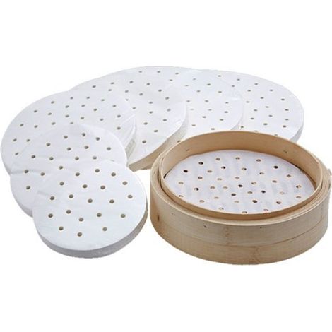 100 feuilles de papier vapeur perforé de 11 cm pour brioches bao, raviolis et pâtisseries à la viande.