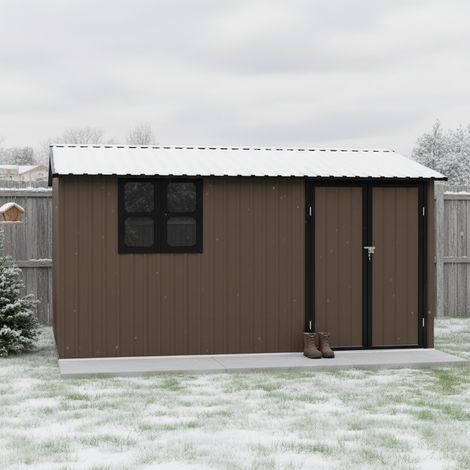 Abri de jardin métal galvanisé 362x285 cm avec table pliante et étagères - Toit à pignon porte battante fenêtre incluse - Gris (1/5)