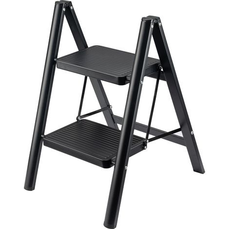 Wiltec Escalera plegable de 2 peldaños, negra, de acero, hasta 150 kg, para hogar, cocina, garaje y taller (1/5)