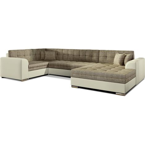 Canapé panoramique convertible CALDERO 5 places beige et crème – angle droit (1/5)