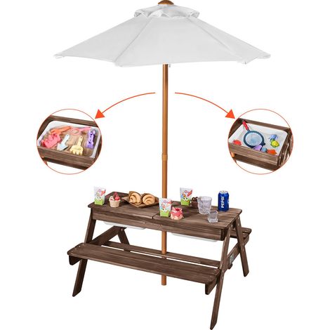 Table de pique-nique avec parasol, ensemble table et banc d'extérieur en bois avec 2 plateaux, table sable et eau 3 en 1, mobilier de jardin pour 4 personnes, pour arrière-cour et porche, noyer (1/5)