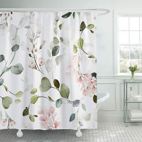 Filiyano-Rideau de douche à motifs floraux et d'oiseaux rose aquarelle, couleurs douces, tissu polyester imperméable, avec 12 crochets, convient pour
