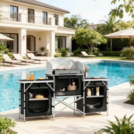 Station de cuisine extérieure pliable, îlot de cuisson extérieur stable avec système d'étagères intégré, îlot de cuisine de camping compact, meuble de cuisine (meuble de cuisine uniquement) (1/4)
