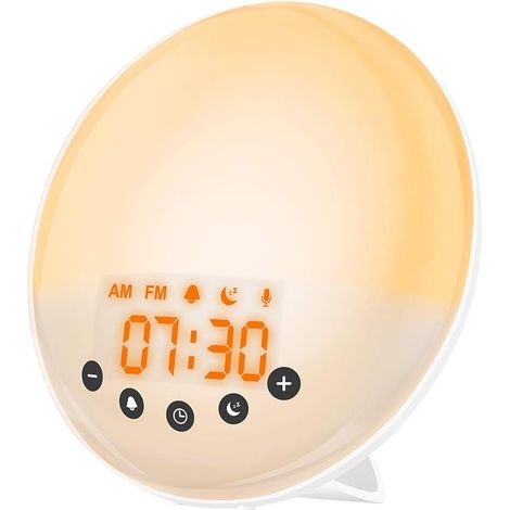 Réveil pour enfants avec lumière, simulateur de lever et de coucher du soleil, radio-réveil, lumière LED tactile, enregistrement, veilleuse à 30 niveaux de luminosité, 8 sons naturels en boucle et por (1/5)