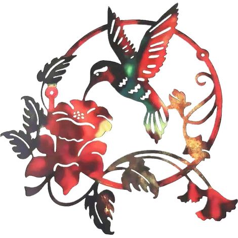 Décoration murale en métal avec colibri - Décoration murale de colibri - Sculpture murale d'oiseaux colorés - Décoration de sculpture murale extérieure d'oiseaux ronds en (1/5)