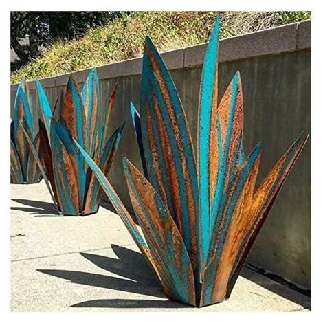 1 pièce Décoration jardin métal, Sculpture agave rustique, Statue extérieure 65 cm avec 9 feuilles, pour terrasse et balcon