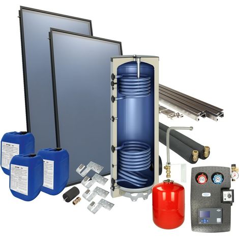 Le Sanitaire – Kit solaire sur toit 4plus avec ballon 300L – 2 capteurs 2,53 m² – Régulation KSW-E – Installation rapide et sécurisée