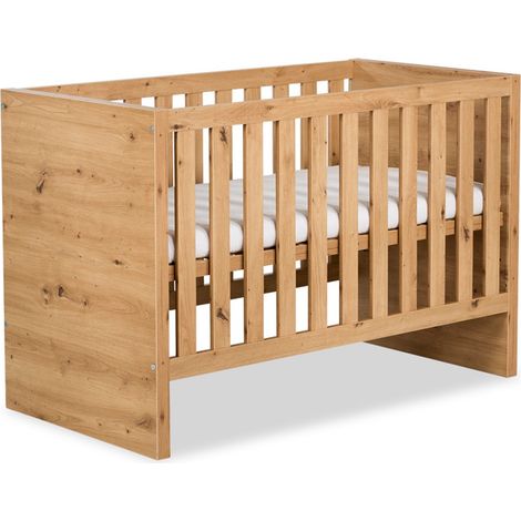 Monmobilierdesign – Lit bébé évolutif 120x60 avec barrière de sécurité – MDF et aggloméré – 3 hauteurs de sommier – Design chêne rustique