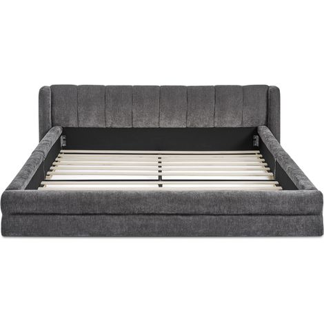 Lit double 140×200cm, tissu chenille, dossier confortable, cadre robuste en eucalyptus et fer, facile à monter, gris foncé (sans matelas) (1/5)