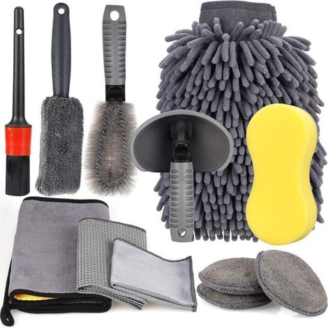 12PCS Kit De Nettoyage Voiture Professionnel,Microfibre Lavage Voiture Nettoyer Kit,Voiture Chiffons de Nettoyage Automobile Set,Brosse de Roue et de Jante,Chiffons de Nettoyage Gants de Lavage,éponge