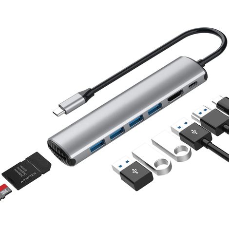 Hub USB-C - Adaptateur 8 En 1 Aluminium Avec Port HDMI 4K 30 Hz Lecteur Cartes SD TF 4 Ports USB 3.0 Charge 65 W Pour Ordinateur Portable USB-C (1/5)