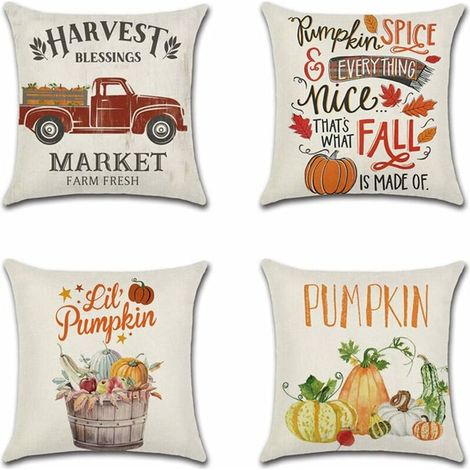 Green Mobility-Lot de 4 housses de coussin décoratives 45 x 45 cm, housses de coussin en lin polyester thème automne oreiller (1/4)
