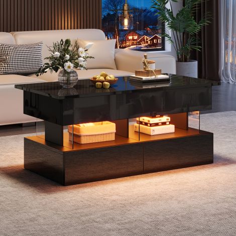 Tavolino da caffè/tavolino da divano sollevabile, 100 x 50 x 46 cm, con piano regolabile in altezza e vano portaoggetti nascosto, finitura lucida con LED, 2 cassetti, nero, MDF + acrilico. (1/5)