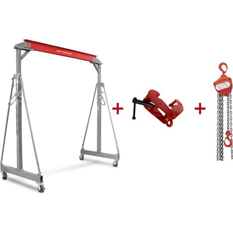 Mw Tools – Grue d'atelier mobile 1 t – Hauteur réglable 2400-3600 mm – Charge maximale 1 t – Palan à chaînes HNSJ1060 – Pince à poutre 2 t – PTLK1SET1000C (1/5)