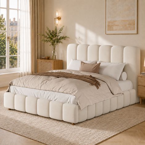 Lit coffre 140x190 cm, lit double avec sommier hydraulique, grand rangement sous le lit, tête de lit rembourrée, design arrondi en velours - Beige (1/5)