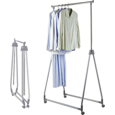 Stand Appendiabiti Pieghevole Acciaio Asta Allungabile Regolabile Ruote Grigio (1/4)