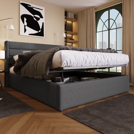 DESVIAE Lit coffre rembourré 140 x 200 cm avec tête de lit capitonnée sommier relevable hydraulique rangement sous lit cadre en métal et lattes en bois gris (1/5)