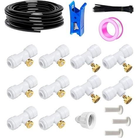 Brumisateurs pour terrasse extérieure, système de brumisation de jardin, système d'irrigation, tuyau de brumisation de 15 m 6 mm + 10 buses de brumisation en T blanches, système de brumisation (1/5)