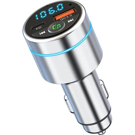 Bluetooth-Auto-Adapter，[Vollmetall] FM-Transmitter V5.3，PD 30W + QC 3.0 Schnellladegerät fürs Auto，Zigarettenanzünderadapter，Hi-Fi-Musik (Silber) (1/5)