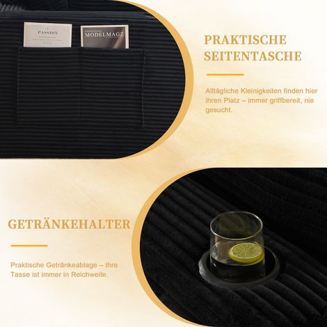 Canapé modulable 3 places avec repose-pieds, coussins, porte-gobelets & poches latérales – velours côtelé noir, mousse + ressorts, salon (1/4)