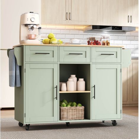 Carrello da cucina 139x46(71)x91,5 cm, verde, piano effetto legno, pieghevole, su ruote, REDOM (1/5)