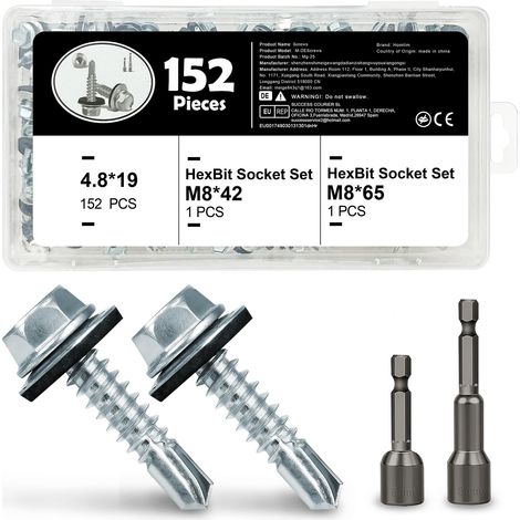 Lot de 152 vis à tôle trapézoïdale, avec vis étanches de 4,8 x 19 mm avec rondelle d'étanchéité, vis pour tôle de toit, équipées de 2 embouts (1/5)