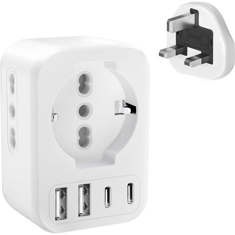 Adaptateur Prise Anglaise UK, 7 en 1 European/Italie/Français to UK Plug, Adaptateur with 3 Européen Socket, 2 USB C and 2 USB A, Adaptateur Type G pour Angleterre, Irlande, Dubaï, Maldives (1/5)