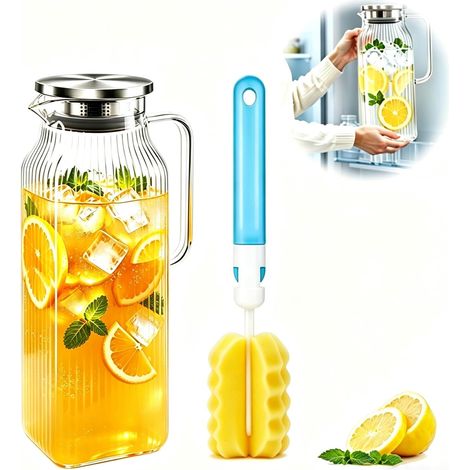 Carafe en verre de 2 litres - Carafe à eau avec couvercle - Théière en verre borosilicate avec bec verseur et tamis - Carafe à eau carrée en verre pour eau froide chaude et thé glacé (rayures (1/5)