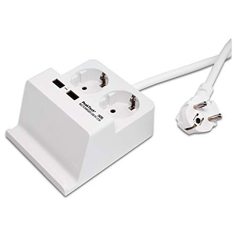 PeakTech 3125, Presa di corrente da tavolo con 2 x 230 V Schuko e 2 caricabatterie USB da 2,5 A, ciabatta con blocco di sicurezza per bambini, incl. supporto per smartphone e tablet, antiscivolo (1/4)