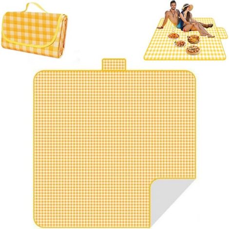 Confezione da 1 tappetino da picnic pieghevole per esterni, telo da spiaggia impermeabile e resistente all'umidità con maniglia, giallo, 2x1,5 m (1/3)