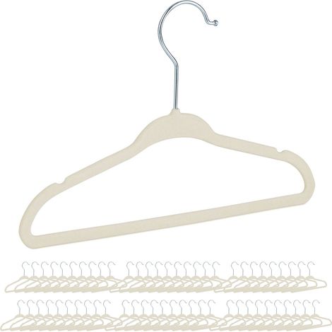 60x Perchas Infantiles de Terciopelo, Antideslizantes, Con Barra y Muescas, Niño y Niña, Gancho Giratorio, Bebés, Crema (1/5)