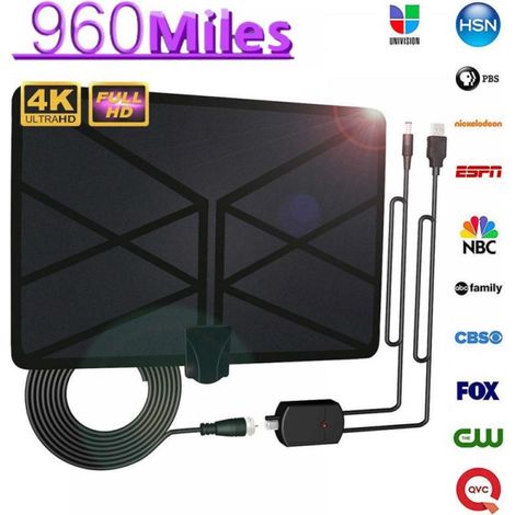 Antenne TV Intérieure Amplifiée HD Numérique 960 Miles Portée Réception 4K 1080p Téléviseur Intelligent HDTV Chaînes Locales (1/5)