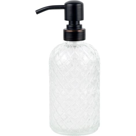 Distributeur de savon en verre de 473 ml avec tête de pompe en acier inoxydable bronzée vintage, distributeur de savon à motif de pierres précieuses rechargeable pour savon pour les mains (1/5)