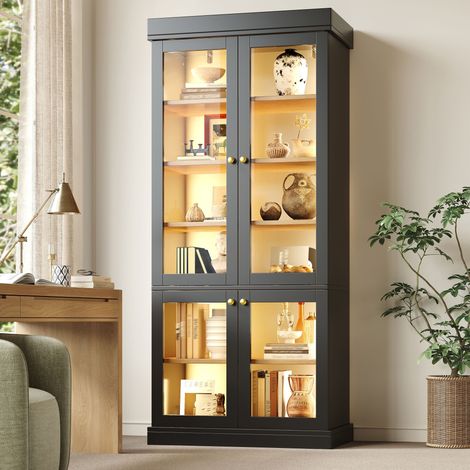 Armoire haute sur pieds moderne avec éclairage LED intégré, vitrine en verre, rangement intérieur optimisé, protection anti-bascule, stable et polyvalente pour la maison, noir (1/5)