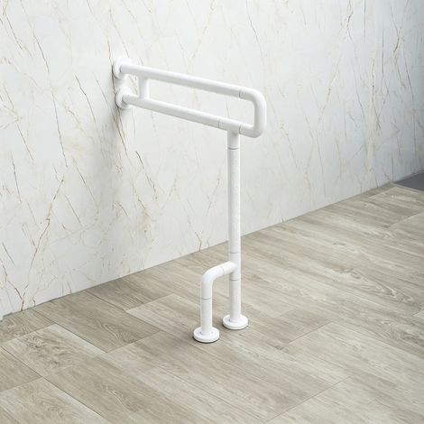 Barre d'appui WC blanche renforcée à double fixation mur‑sol, barre de sécurité antidérapante pour personnes âgées et PMR dans la salle de bain (1/5)